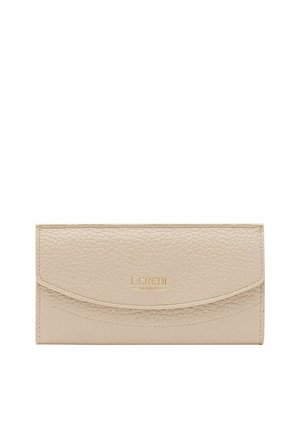 Beige leather wallet with a textured finish, curved flap closure, and gold embossed logo on the front. Compact and rectangular shape.