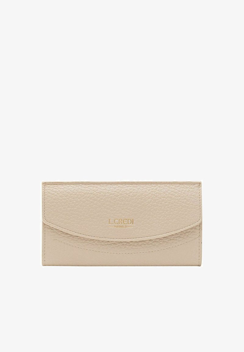 Beige leather wallet with a textured finish, curved flap closure, and gold embossed logo on the front. Compact and rectangular shape.