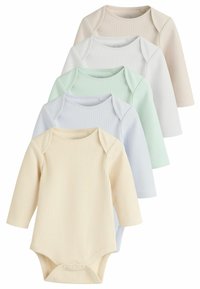 Set di quattro body a manica lunga per neonati in tessuto a costine. I colori includono crema morbido, azzurro pallido, verde menta e grigio chiaro. Chiusura a snap sul fondo.