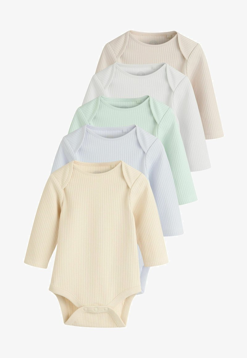 Sada štyroch bavlnených body s dlhým rukávom z rebrovanej látky. Farby zahŕňajú jemnú smotanu, svetlomodrú, mentolovú a svetlosivú. Zapínanie na patentky na spodnej strane.
