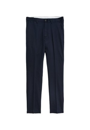 Pantaloni su misura color blu navy realizzati in tessuto liscio. Presentano una chiusura con zip, passanti per cintura e un bottone singolo. Design semplice, senza fantasie.