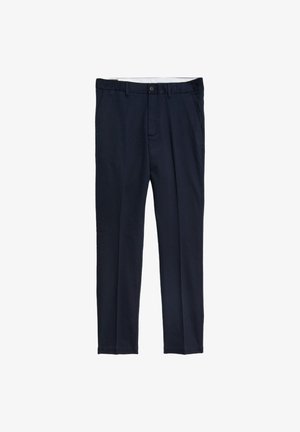 Pantalones ajustados azul marino de tela suave. Cuentan con cremallera en la bragueta, trabillas para el cinturón y un cierre de botón único. Diseño liso, sin patrones.