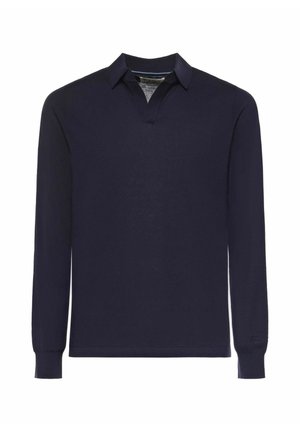 Polo bleu marine à manches longues avec col et ouverture en V, en tissu doux.
