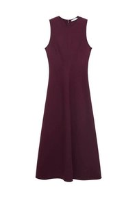 Burgundin värinen hihaton mekko, jossa on kellotettu siluetti, takana vetoketju ja minimalistinen muotoilu ilman näkyviä kuvioita tai koristeluita.