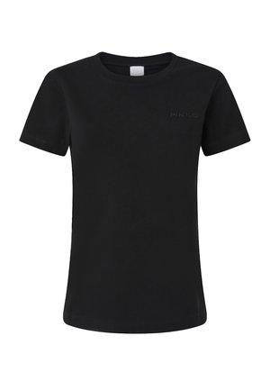 T-shirt nera a maniche corte realizzata in tessuto liscio. Presenta un collo rotondo e un discreto logo "PINKO" impresso sul davanti.