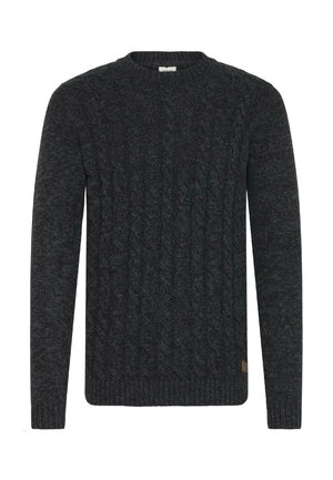 Pulover tricotat cu fir gros de culoare gri închis, cu guler rotund, mâneci lungi, manșete și tiv din tricot cu nervuri. Textura țesăturii pare groasă și călduroasă.