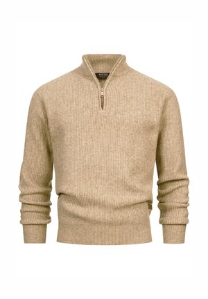 Beige strikket genser med halv glidelås i kragen og ribbestrikkede mansjetter og hem, vist mot en hvit bakgrunn.