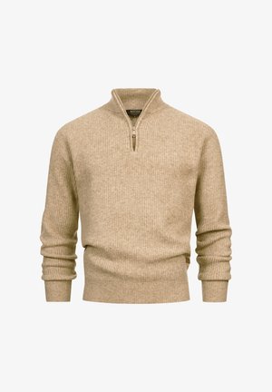Beiger Strickpullover mit einem halben Reißverschluss am Kragen sowie gerippten Bündchen und Säumen, präsentiert vor einem weißen Hintergrund.
