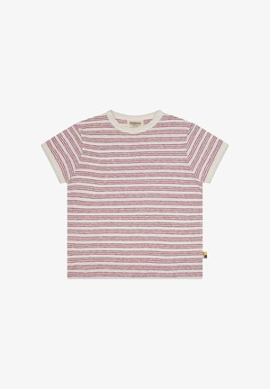 T-shirt in cotone a maniche corte, con una base bianca e righe orizzontali rosse. Collo rotondo, texture morbida e etichetta colorata sull'orlo.