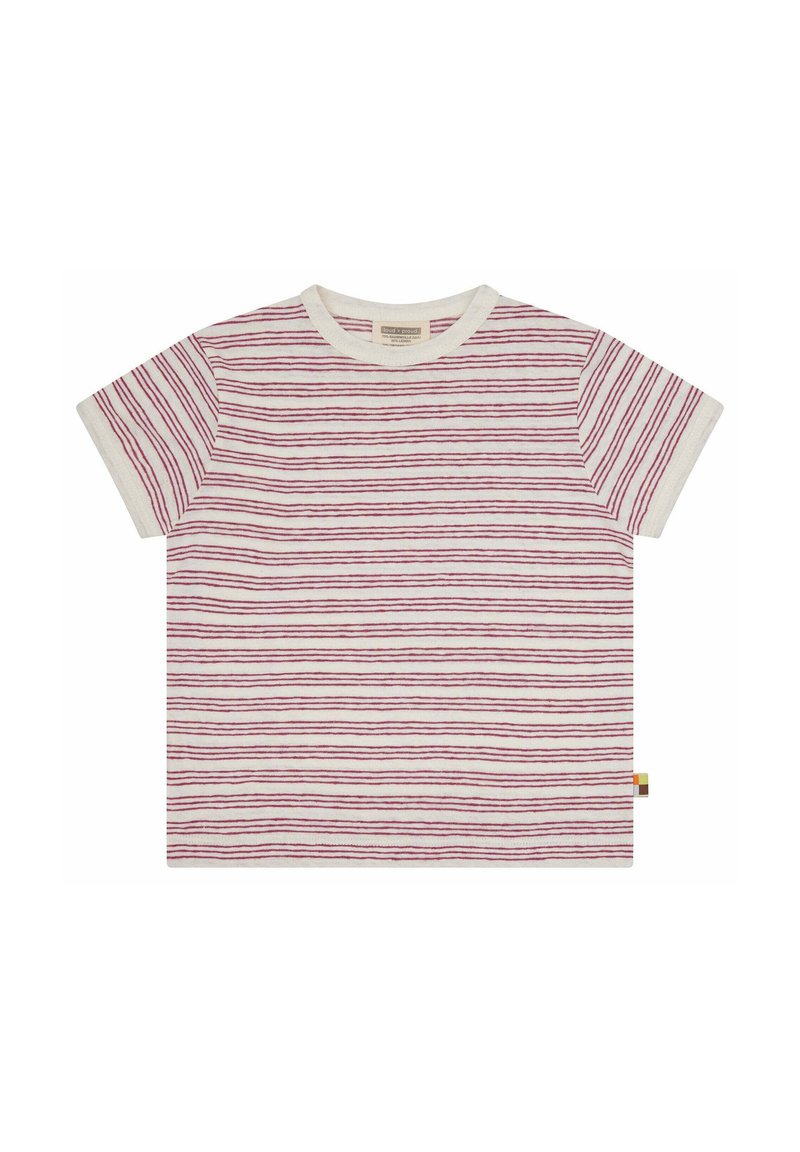 Baumwoll-T-Shirt mit kurzen Ärmeln, in Weiß mit roten horizontalen Streifen. Rundhalsausschnitt, weicher Stoff und bunte Etikette am Saum.