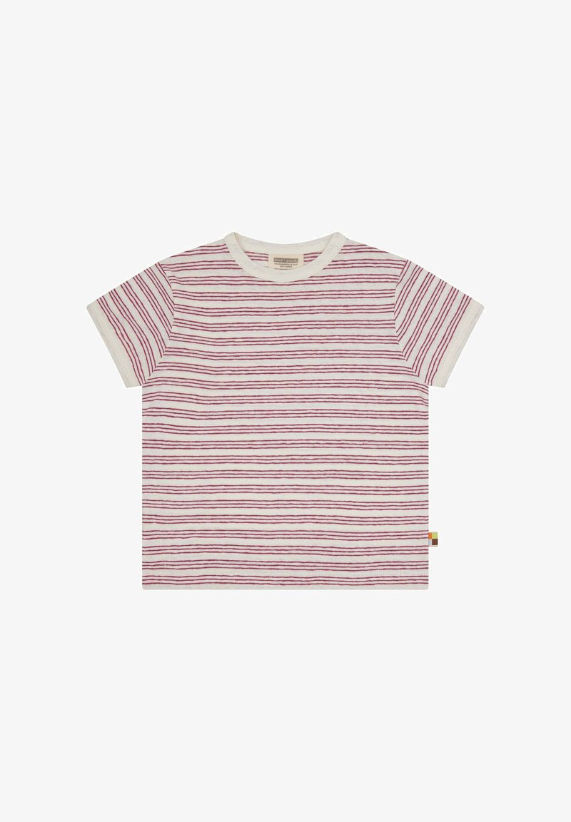 Baumwoll-T-Shirt mit kurzen Ärmeln, in Weiß mit roten horizontalen Streifen. Rundhalsausschnitt, weicher Stoff und bunte Etikette am Saum.