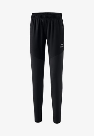 Schwarze Sporthosen mit elastischem Bund, schmal zulaufenden Beinen und kontrastierenden strukturierten Bereichen an den Seiten. Enthält ein kleines Logodetail.
