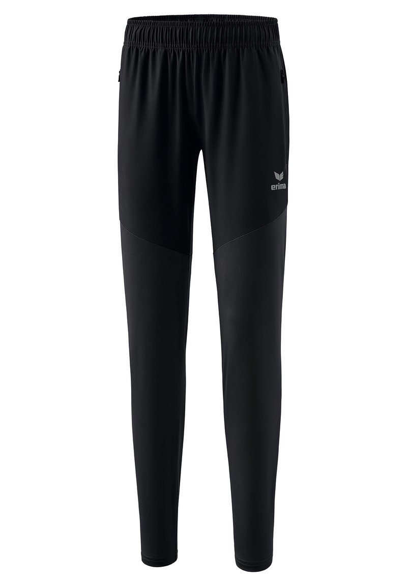 Black athletic pants with an elastic waistband, tapered legs, and contrasting textured panels on the sides. Includes a small logo detail.