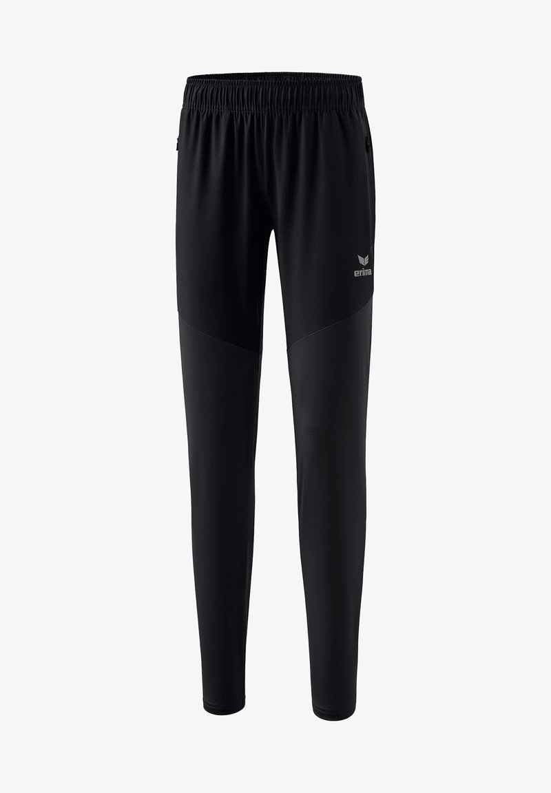 Schwarze Sporthosen mit elastischem Bund, schmal zulaufenden Beinen und kontrastierenden strukturierten Bereichen an den Seiten. Enthält ein kleines Logodetail.