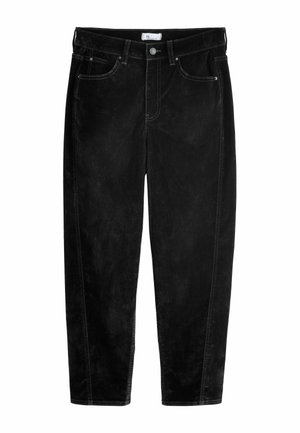 Black corduroy pants with a straight leg design, featuring five-pocket styling, a button front closure, and contrast stitching details.