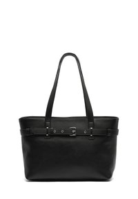 Black leather tote bag with sturdy shoulder straps, flat shape, and a belt-like strap with metal buckle detail around the midsection.