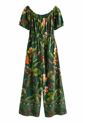 Grüner Blumen-Jumpsuit mit kurzen Puffärmeln, elastischem Halsausschnitt und Taille. Ausgestattet mit lebhaften Mustern tropischer Blumen und Blätter.