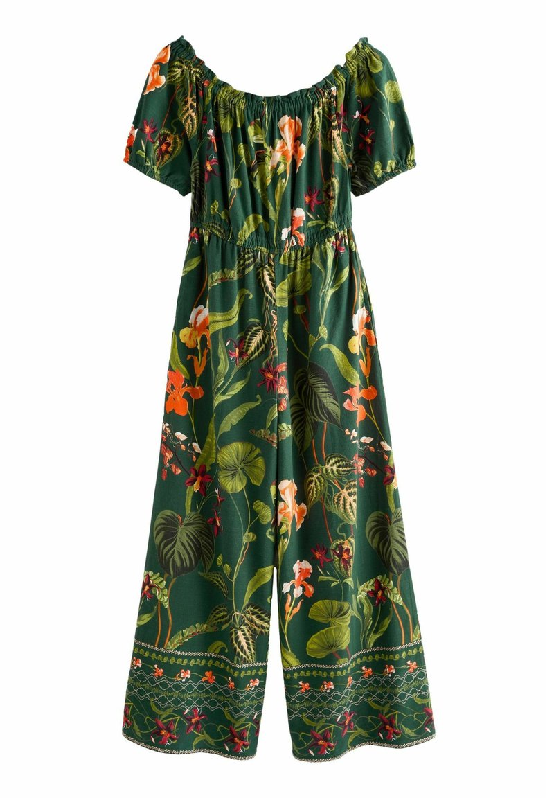 Salopetă florală verde cu mâneci scurte tip puff, decolteu elastic și talie elasticizată. Prezintă imprimeuri vibrante cu flori și frunze tropicale.