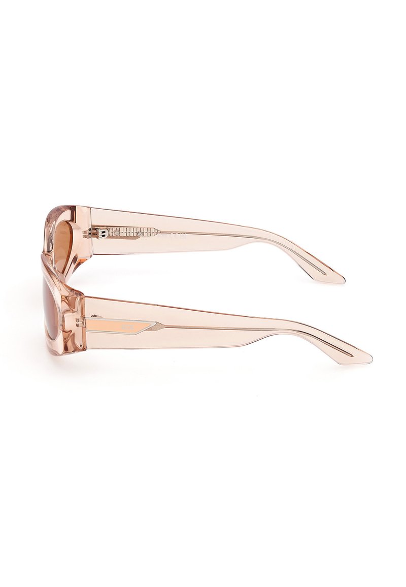 Transparent pink sunglasses with a rectangular frame, wide arms, and brown tinted lenses. Features a sleek, modern design with minimal accents.