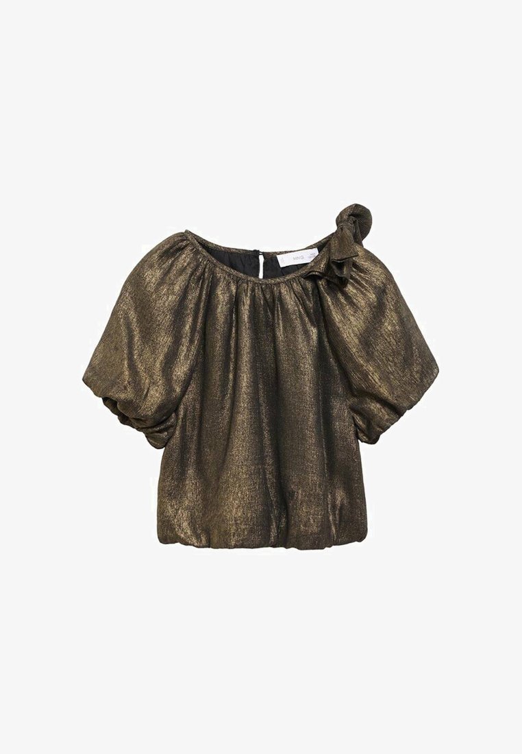 Bronze, kortærmet bluse med en sammensnørret design, elastiske manchetter og en sløjfeaccent ved skulderen. Tekstiler med struktur og glans.