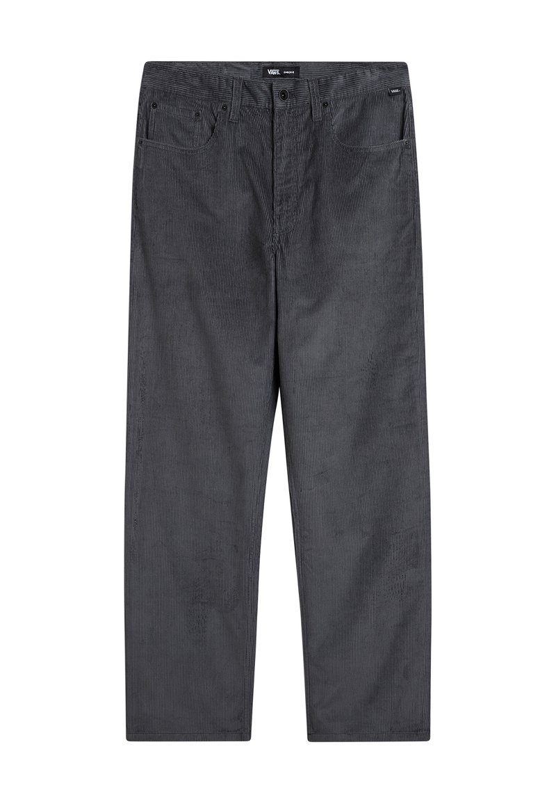 Grijze corduroy broek met een rechte pijpdesign, voorzien van voorzakken en een knoopsluiting. Gelaagd stof met subtiele strep patroontjes.