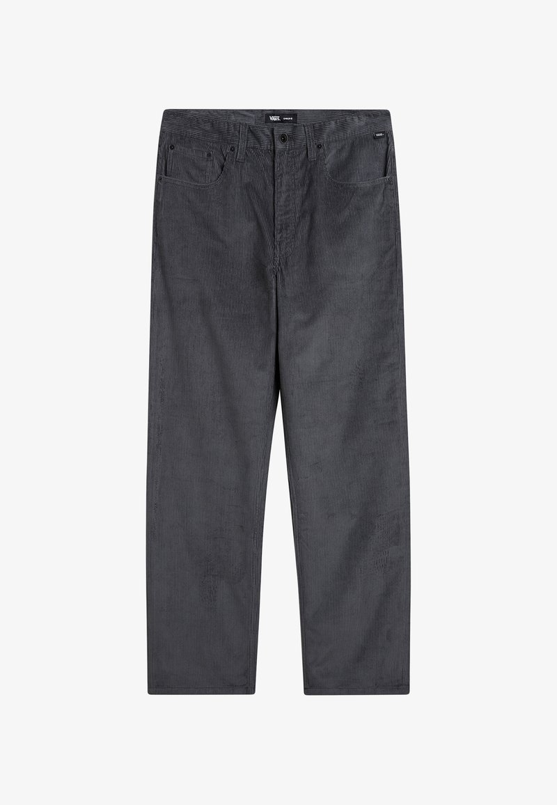 Grijze corduroy broek met een rechte pijpdesign, voorzien van voorzakken en een knoopsluiting. Gelaagd stof met subtiele strep patroontjes.