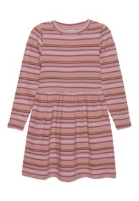 Langärmliges Kleid aus geripptem Stoff mit horizontalen Streifen in Rosa-, Lila- und Brauntönen. Ausgestellter Rock und runder Ausschnitt.