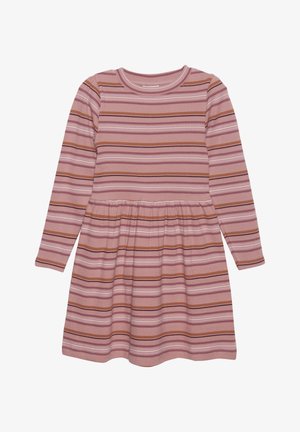 Langarmige jurk van ribstof met horizontale strepen in tinten roze, paars en beige. Uitlopende rokontwerp met een ronde halslijn.