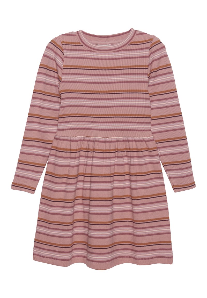 Langärmliges Kleid aus geripptem Stoff mit horizontalen Streifen in Rosa-, Lila- und Brauntönen. Ausgestellter Rock und runder Ausschnitt.