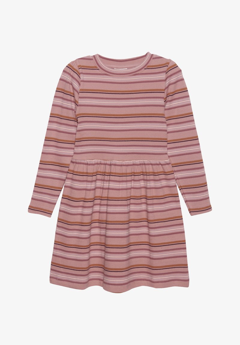 Langärmliges Kleid aus geripptem Stoff mit horizontalen Streifen in Rosa-, Lila- und Brauntönen. Ausgestellter Rock und runder Ausschnitt.