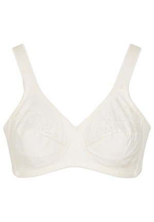 Kremowy biustonosz wykonany z miękkiego materiału, z haftowanym kwiatowym koronkowym wykończeniem na miseczkach, regulowanymi ramiączkami i zapięciem na haczyk z tyłu.