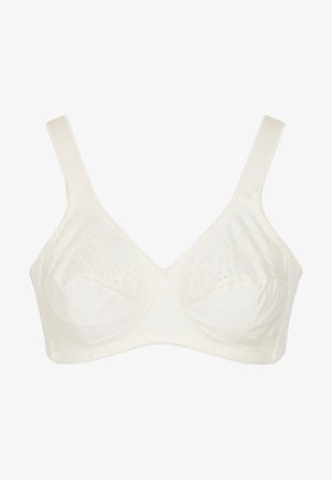 Crème-kleurige beha van zacht stof, met bloemenborduursels op de cups, verstelbare bandjes en een haaksluiting op de rug.