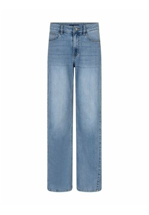 Lichtblauwe rechtvallende spijkerbroek met voorzakken, riemlussen, knoopsluiting en vervaagde details op de dijen.