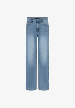 Lichtblauwe rechtvallende spijkerbroek met voorzakken, riemlussen, knoopsluiting en vervaagde details op de dijen.