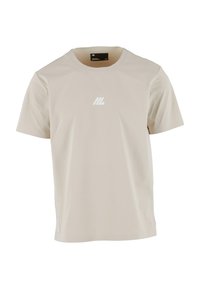 T-shirt a maniche corte color beige chiaro con girocollo, dotato di un piccolo logo bianco stilizzato centrato sul petto.