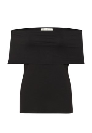 Must mustriga õlgadelt avatud tops, mis on valmistatud venivast kangast; kehapäraselt istuv disain laia kaeluse ja lühikeste varrukatega, sile tekstuur ja nähtamatud mustrid.