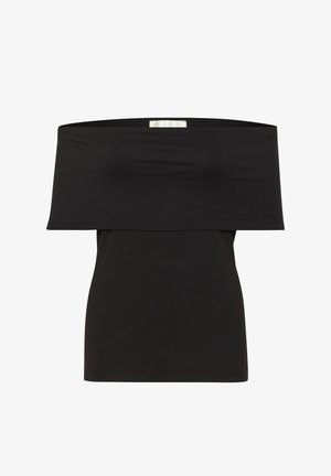 Must mustriga õlgadelt avatud tops, mis on valmistatud venivast kangast; kehapäraselt istuv disain laia kaeluse ja lühikeste varrukatega, sile tekstuur ja nähtamatud mustrid.