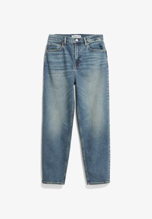 Verbleekte blauwe spijkerbroek met rechte pijpen, voorzien van een knoopsluiting, ontwerp met vijf zakken en zichtbare stikselaccenten.