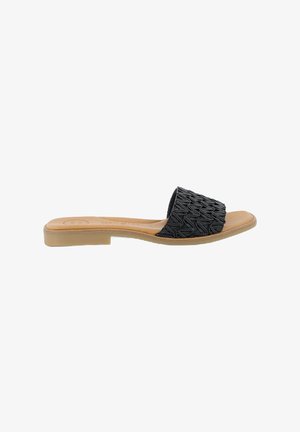 Flat slide sandal with a textured black woven upper, tan footbed, and light tan rubber sole. Open toe design and no fastenings visible.