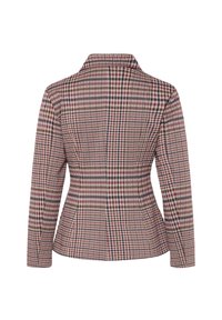 Blazer femme ajusté avec manches longues et motif à carreaux rouge, beige et noir, vu de dos sur fond blanc.