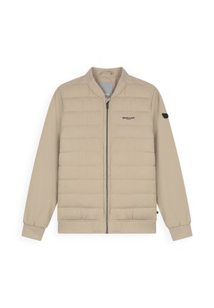 Beige lightweight quilted jacket with front zipper, ribbed collar and cuffs, and small brand logo on chest and sleeve patch.
