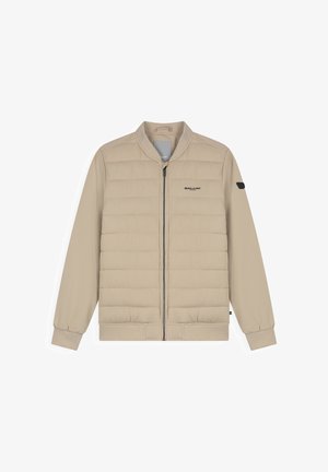 Beige leichte gesteppte Jacke mit Frontreißverschluss, geripptem Kragen und Bündchen sowie kleinem Markenlogo auf der Brust und am Ärmel.
