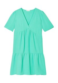 Robe mint à manches courtes avec un décolleté en V et un corps froncé. Dotée d'une jupe évasée ; texture lisse et tissu léger.