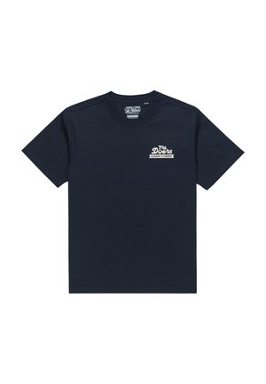 Navy short-sleeved cotton t-shirt featuring a small white logo on the left chest. Classic crew neck with standard fit and smooth texture.
