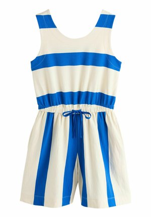 Nátelník bez rukávov so širokými modrými a krémovými horizontálnymi pruhmi, elastickým pásom, šnúrkou na viazanie a modrými vertikálnymi pruhmi na šortkách.