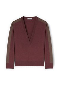 Bordörröd stickad tröja med V-ringning, trekvartsärmar och kontrasterande bruna axelränder. Mjuk textur och ribbad fåll.