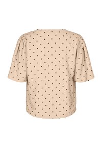 Beige Kurzarmoberteil mit braunen Punkten, mit rundem Ausschnitt und puffigen Schultern, aus leichtem Stoff gefertigt.