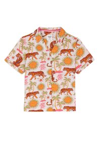Short-sleeve button-up shirt with colorful tiger, sun, palm tree, and "fiesta" text patterns on a white background.