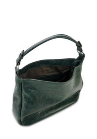 Groene leren handtas met een gestructureerde afwerking, enkele handgreep en een ritsvak aan de binnenkant. Beschikt over een ruime binnenkant en een zachte, ronde vorm.