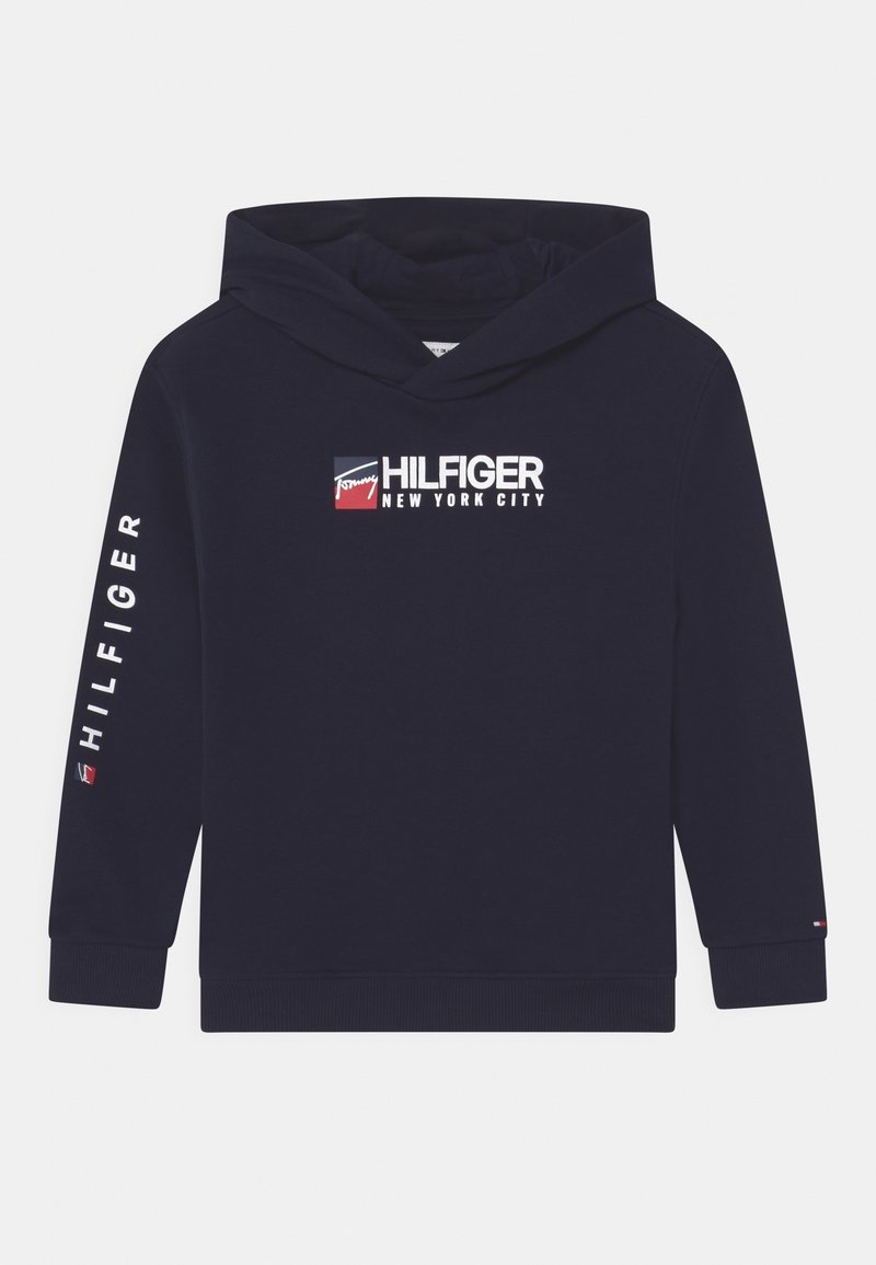 Felpa con cappuccio blu navy con logo frontale e testo bianco sulle maniche. Realizzata in tessuto morbido con polsini e orlo a costine.